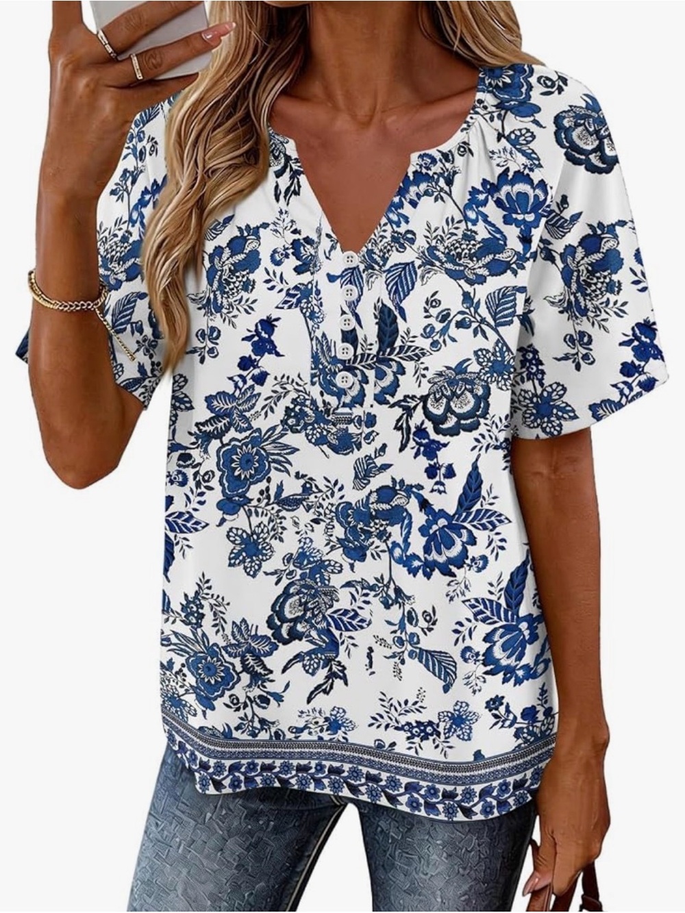 White & Blue Floral V-Neck Short Sleeve Blouse